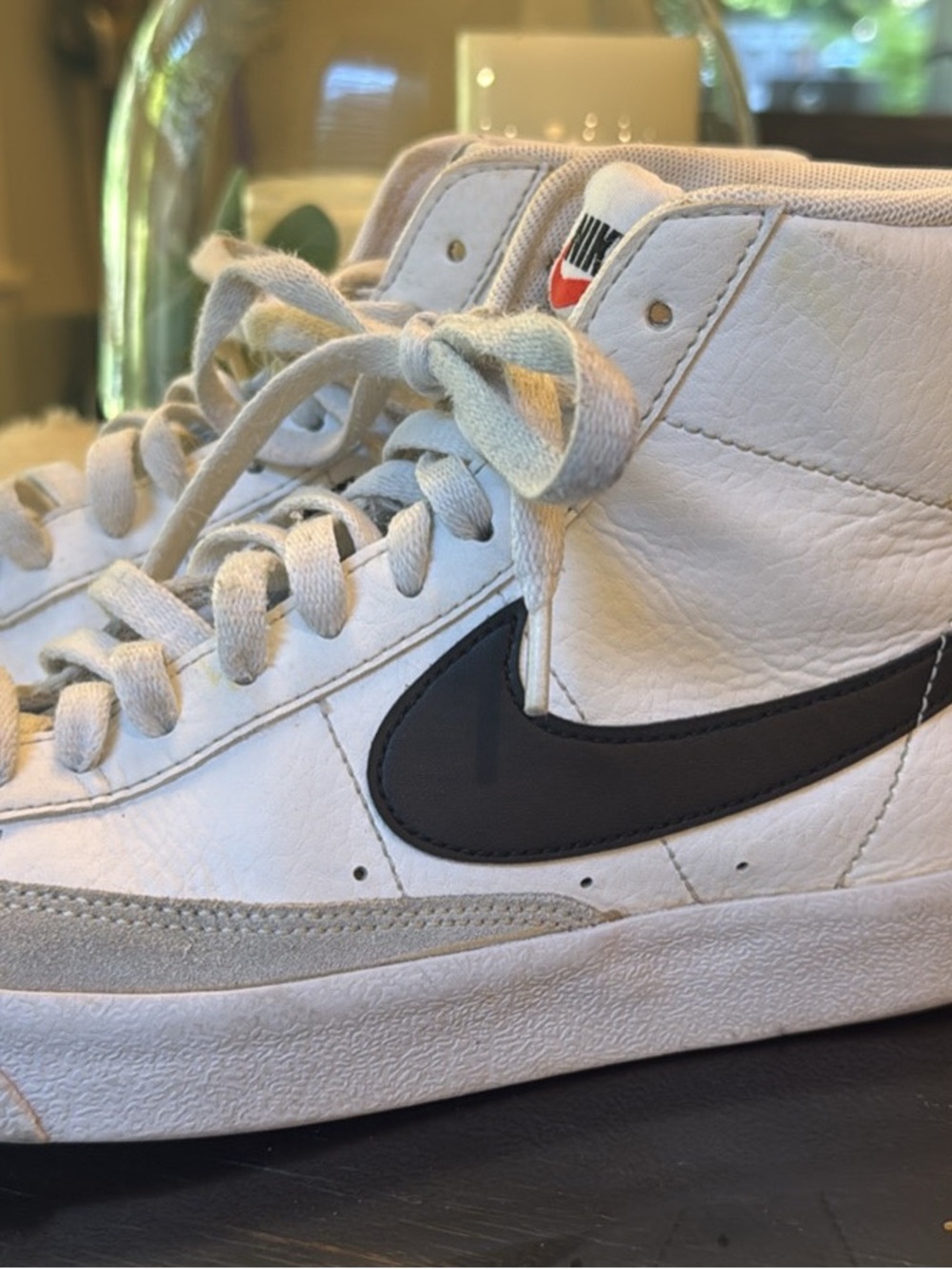 Nike White High-Top Blazer Sneakers with Black Swoosh and Light Gray Accents